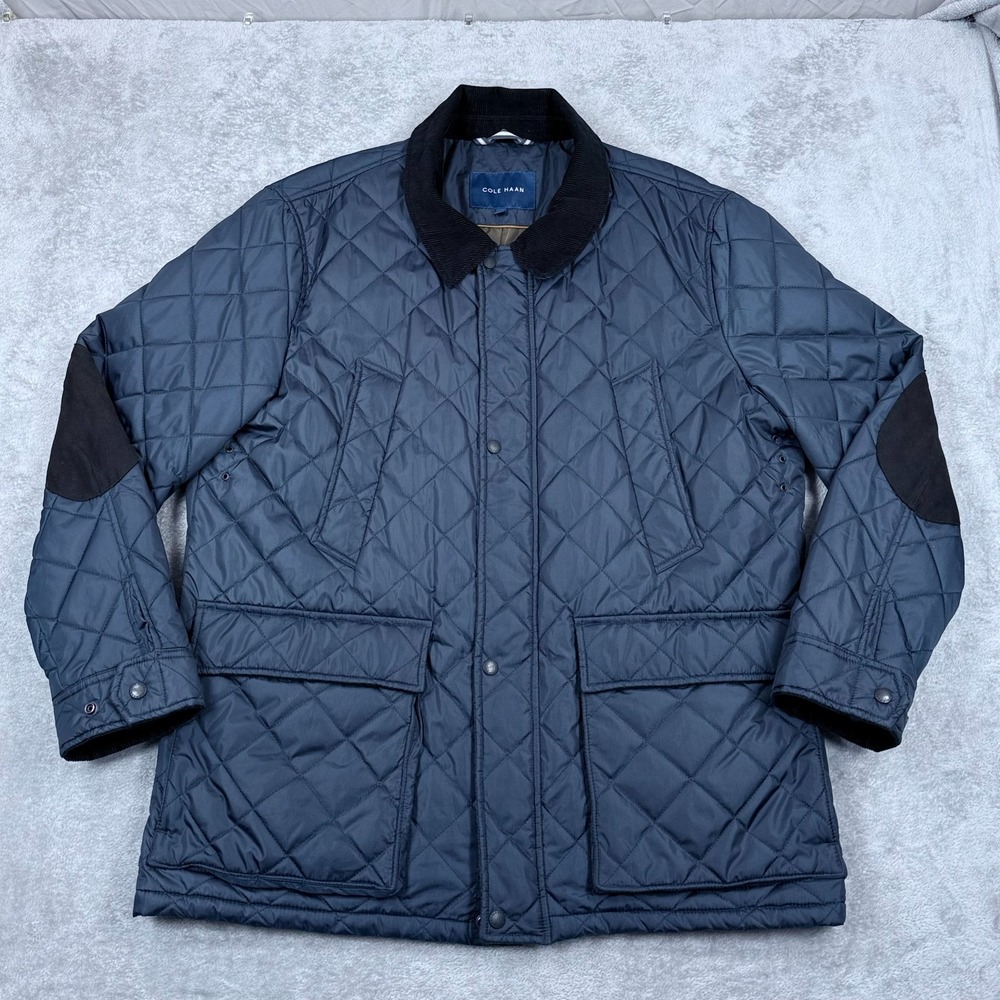 Cole Haan Quilted Barn Jacket Men XL Navy Blue Corduroy Collar Elbow Patch Chore